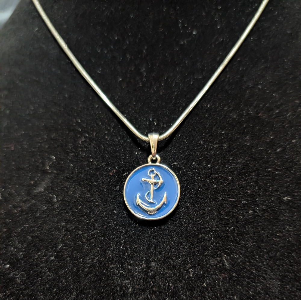 Anchor Pendant Necklace Silver Tone Snake Chain Blue Enamel Nautical Coastal